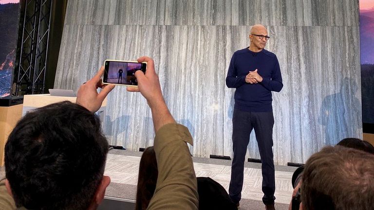 Microsoft CEO Satya Nadella speaks at the company&#39;s headquarters to introduce a presentation on the software maker&#39;s new AI-powered search engine, in Redmond, Washington, U.S., February 7, 2023. REUTERS/Jeffrey Dastin