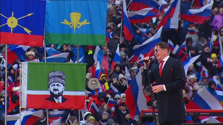 Russia is holding a huge rally in Luzhniki Stadium, Moscow, to mark Defender of the Fatherland Day, honouring military servicemen.