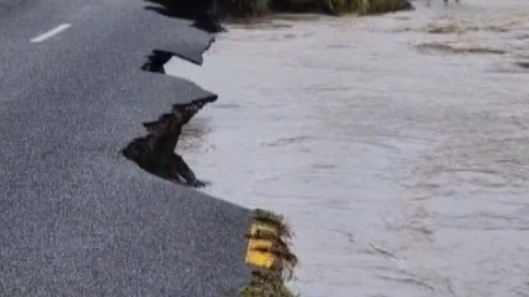Road is destroyed by cyclone in New Zealand