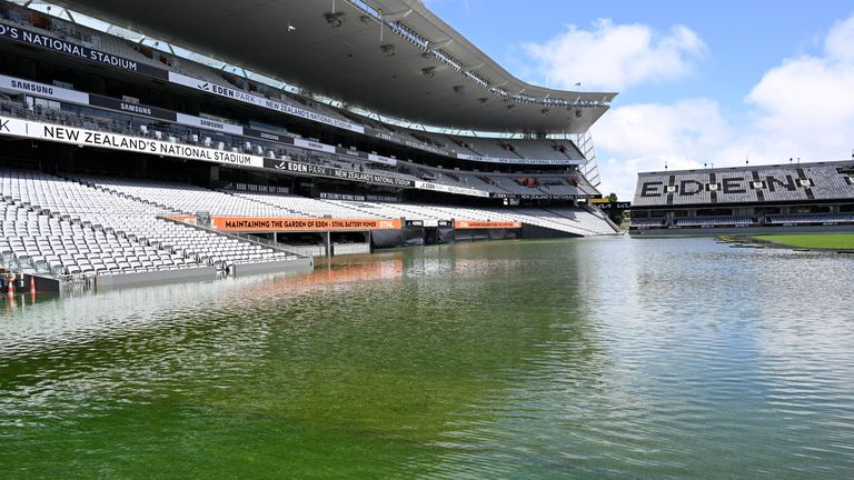 Floodwaters invaded New Zealand&#39;s largest sports stadium, Eden Park, in Auckland, at the beginning of February 
