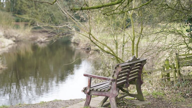The bench where Nicola Bulley&#39;s phone was found, on the banks of the River Wyre