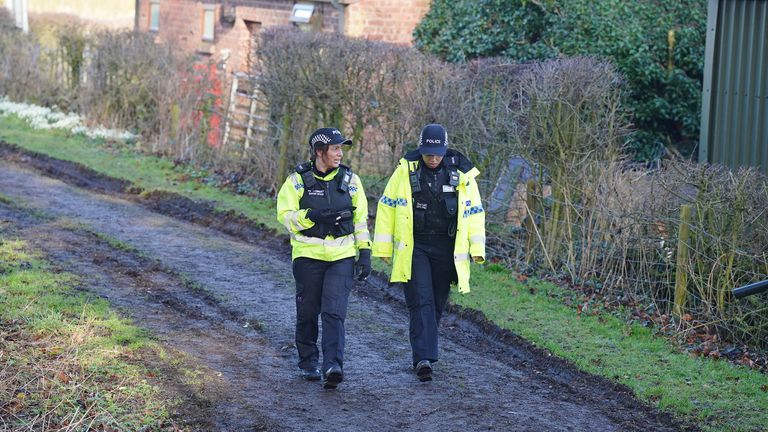Police community support officers in St Michael&#39;s on Wyre, Lancashire as police continue their search for missing woman Nicola Bulley