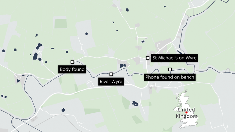 A graphic showing the location where a body was found in the River Wyre in the search for missing Nicola Bulley. Produced in-house for Sky News