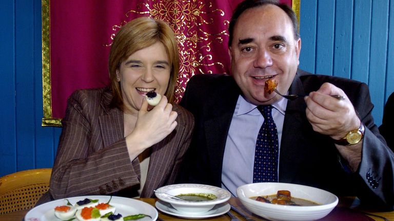 M.S.P&#39;s Nicola Sturgeon and Alex Salmond (Scottish National Party Leadership contenders) enjoy a special campaign curry made up of a cavier based starter called" Sturgeon and Spicy Dip" (for Nicola Sturgeon) and a salmon based main course called" Imli Salmon Blast" (for Alex Salmond) at the Raj Restaurant in Edinburgh.