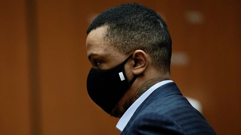 Eric Holder Jr., who is accused of killing rapper Nipsey Hussle, enters a courtroom to hear the verdict at Los Angeles Superior Court in Los Angeles, California, U.S. July 6, 2022. Jae C. Hong/Pool via REUTERS