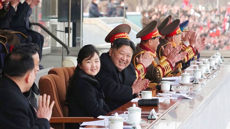  North Korean leader Kim Jong Un, centre, and his daughter, centre left. Pic: AP