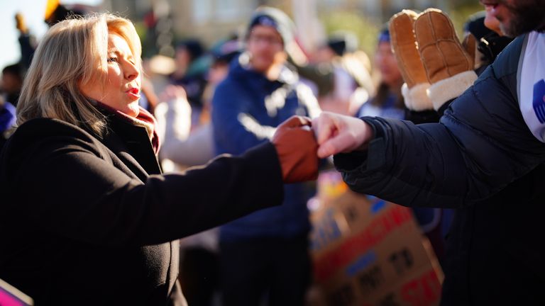 Royal College of Nursing (RCN) general secretary Pat Cullen joins members on the picket line outside the Royal United Hospital in Bath, as nurses take industrial action over pay. Picture date: Tuesday February 7, 2023.