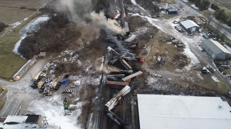 Drone footage shows freight train derailing