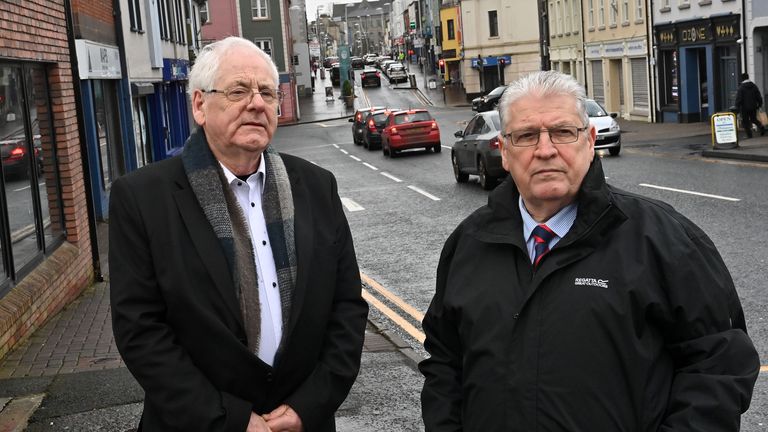 Omagh bomb campaigners Michael Gallagher (left) and Stanley McCombe on Campsie Street, Omagh, close to the site of the 1998 bombing
