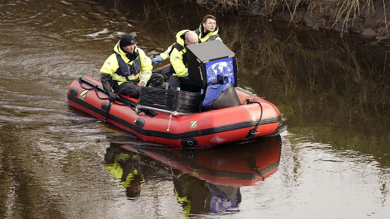 Peter Faulding (centre) CEO and workers from private underwater search and recovery company, Specialist Group International, using a 18kHz side-scan sonar on the river in St Michael&#39;s on Wyre, Lancashire, as they assist in the search for missing woman Nicola Bulley 