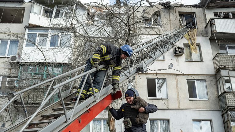 A firefighter rescues a cat after an apartment block was heavily damaged by a missile strike, amid Russia&#39;s attack on Ukraine, in Pokrovsk, Donetsk region, Ukraine, February 15, 2023. REUTERS/Marko Djurica
