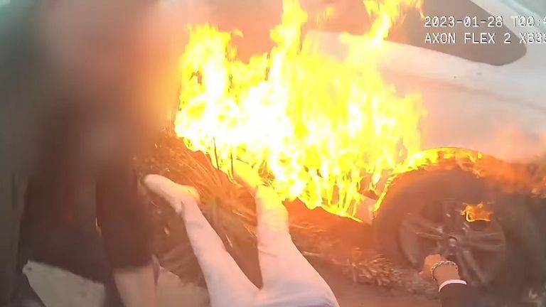 Police officer rescues driver from flaming car on Las Vegas strip