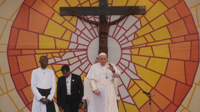 Pope Francis waves as he arrives at the Martyrs&#39; Stadium in Kinshasa, Democratic Republic of Congo 
Pic:AP