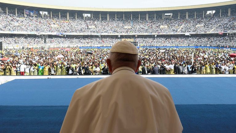 Pope Francis visits the Stade des Martyrs stadium to address young people during his apostolic journey, in Kinshasa, Democratic Republic of Congo, February 2, 2023. Vatican Media/­Handout via REUTERS ATTENTION EDITORS - THIS IMAGE WAS PROVIDED BY A THIRD PARTY.
