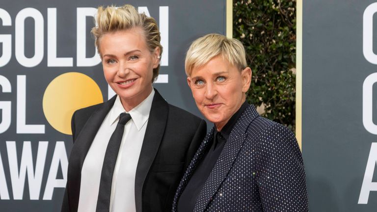Portia de Rossi and Ellen DeGeneres at the Golden Globe Awards in 2020 (Hubert Boesl/picture-alliance/dpa/AP Images)