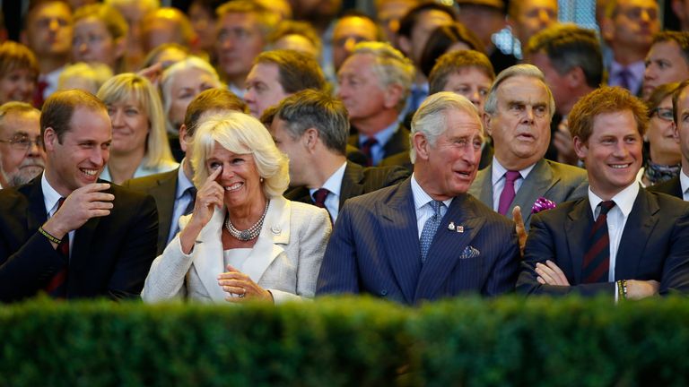 (L-R) Britain's Prince William, Camilla, Duchess of Cornwall, Prince Charles and Prince Harry laugh during the opening ceremony of the Invictus Games at the Queen Elizabeth Park in east London September 10, 2014.  The Invictus Games which will run from September 10-14, is an international sporting event for wounded servicemen and women from 13 countries. REUTERS/Luke MacGregor  (BRITAIN - Tags: ENTERTAINMENT MILITARY ROYALS SPORT)