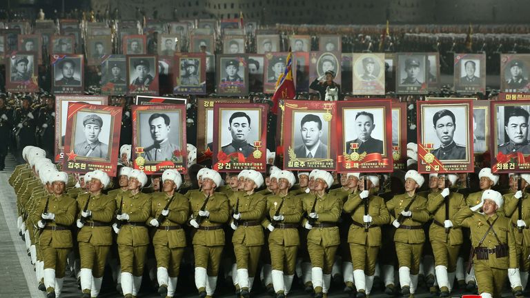 Troops take part in a military parade to mark the 75th founding anniversary of North Korea&#39;s army, in Pyongyang, North Korea