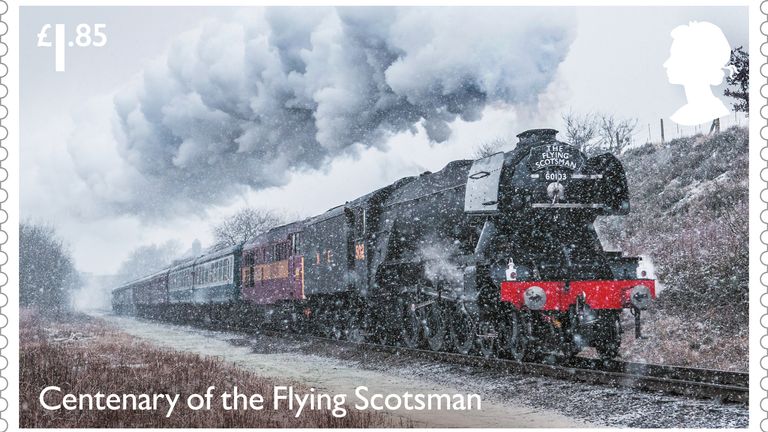 EMBARGOED TO 0001 TUESDAY FEBRUARY 28 Undated handout photo issued by Royal Mail of one of twelve new stamps to mark the 100th anniversary of steam locomotive the Flying Scotsman. They are the final set of stamps to feature late Queen Elizabeth II&#39;s silhouette. Issue date: Tuesday February 28, 2023. PIC: PA
