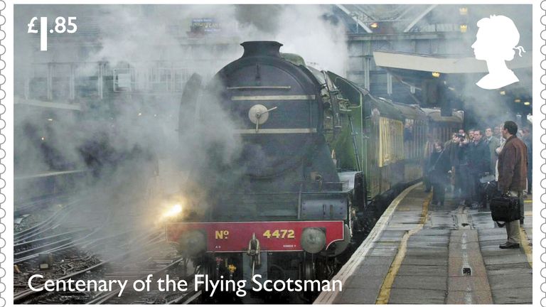 EMBARGOED TO 0001 TUESDAY FEBRUARY 28 Undated handout photo issued by Royal Mail of one of twelve new stamps to mark the 100th anniversary of steam locomotive the Flying Scotsman. They are the final set of stamps to feature late Queen Elizabeth II&#39;s silhouette. Issue date: Tuesday February 28, 2023. PIC: PA
