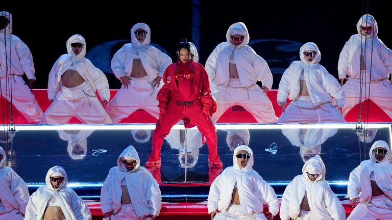 Recording artist Rihanna performs at halftime during the NFL Super Bowl 57 football game between the Kansas City Chiefs and the Philadelphia Eagles, Sunday, Feb. 12, 2023, in Glendale, Ariz. (AP Photo/Charlie Riedel)