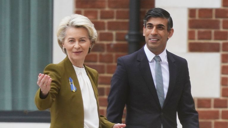 Prime Minister Rishi Sunak welcomes European Commission president Ursula von der Leyen at the Fairmont Windsor Park hotel in Englefield Green, Windsor, Berkshire, ahead of a meeting to discuss a &#34;range of complex challenges&#34; around the Brexit treaty. Picture date: Monday February 27, 2023.
