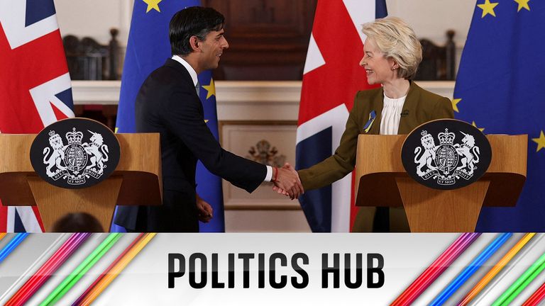 British Prime Minister Rishi Sunak and European Commission President Ursula von der Leyen shake hands as they hold a news conference at Windsor Guildhall, Britain, February 27, 2023. Dan Kitwood/Pool via REUTERS 