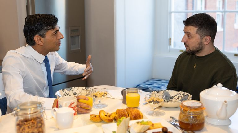 Rishi Sunak welcomes the President of Ukraine Volodymyr Zelenskyy to 10 Downing Street where he was greeted by staff and was offered breakfast in the Downing Street flat.