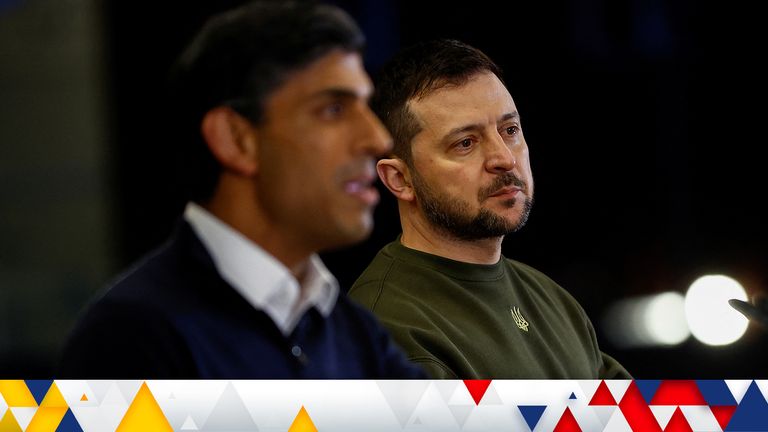 Prime Minister Rishi Sunak (left) and Ukrainian President Volodymyr Zelensky during a press conference at a military facility, in Lulworth, Dorset, during his first visit to the UK since the Russian invasion of Ukraine. Picture date: Wednesday February 8, 2023.