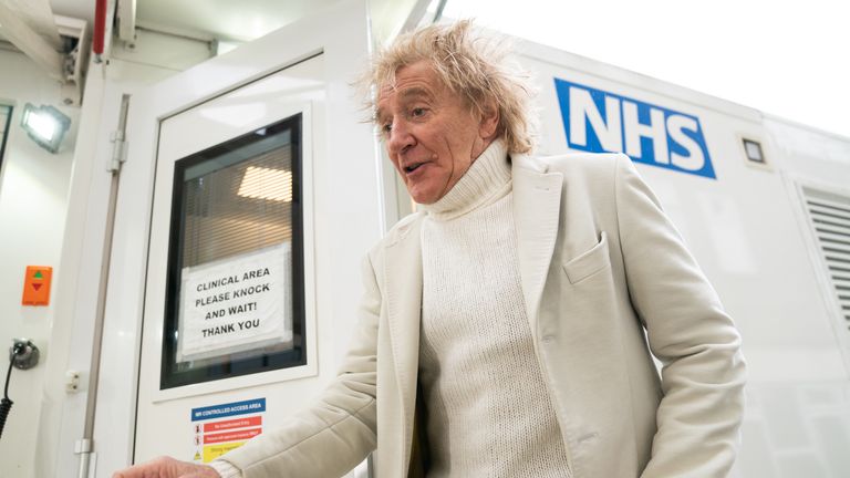 Sir Rod Stewart during a visit to the Princess Alexandra Hospital in Harlow, Essex, where he is meeting patients and medics after he called a phone-in segment on live Sky News in January, and offered to pay for people to have hospital scans, amid the rising number of people on NHS waiting lists. Picture date: Friday February 24, 2023.
