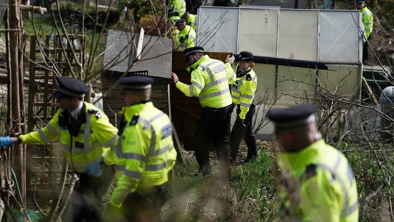 Police search teams in Roedale Valley Allotments, Brighton, where an urgent search operation is underway to find the missing baby of Constance Marten, who has not had any medical attention since birth in early January 