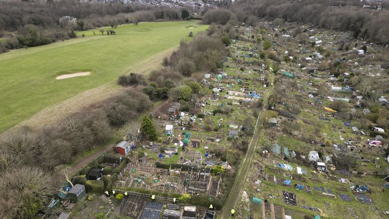 Police search teams in Roedale Valley Allotments, West Sussex, where an urgent search operation is underway to find the missing baby of Constance Marten, who has not had any medical attention since birth in early January