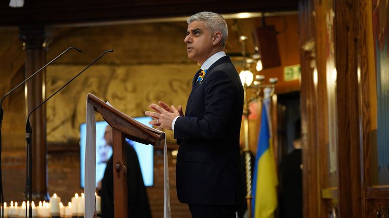 Mayor of London Sadiq Khan speaks during an ecumenical prayer service at the Ukrainian Catholic Cathedral in London, to mark the one year anniversary of the Russian invasion of Ukraine. Picture date: Friday February 24, 2023.