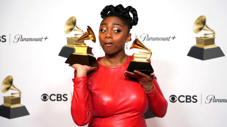 Samara Joy, winner of best jazz vocal album for "Linger Awhile" and best new artist, poses in the press room at the 65th annual Grammy Awards on Sunday, Feb. 5, 2023, in Los Angeles. (AP Photo/Jae C. Hong)