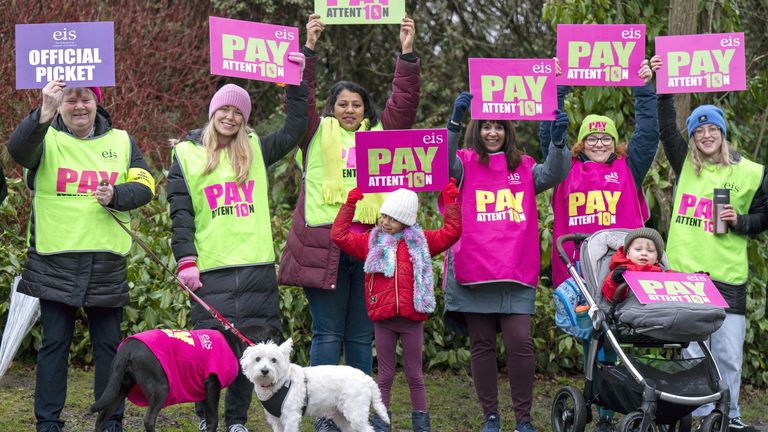 Teachers from the Educational Institute of Scotland (EIS) union on the picket line outside Queen Anne High School in Dunfermline, during their strike action in dispute over pay. Picture date: Wednesday February 22, 2023.