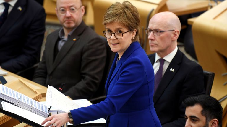 First Minister of Scotland Nicola Sturgeon in the chamber for First Minster&#39;s Questions at the Scottish Parliament in Edinburgh. Picture date: Thursday February 23, 2023.