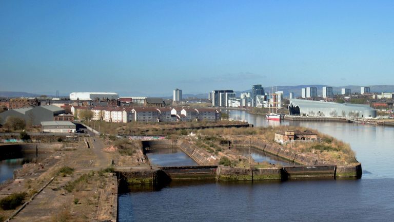 Steven Spielberg&#39;s, Sam Mendes new film 1917 shooting in Govan Graving Docks before and a panoramic view of the city behind Glasgow, Scotland, UKContributor: gerard ferry / Alamy Stock Photo