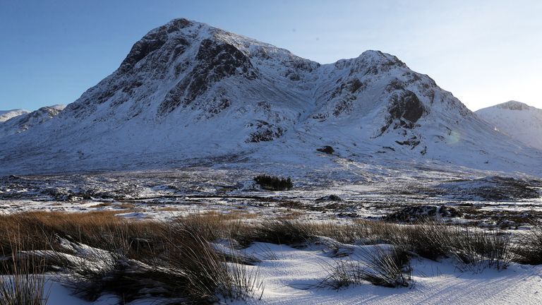 A view of the snow covered Buachaille Etive Mor, a mountain at the head of Glen Etive in the Scottish Highlands. The UK&#39;s week of miserable weather looks set to continue as it prepares to be struck by a country-wide storm for the second weekend in a row. PA Photo. Picture date: Thursday February 13, 2020. See PA story WEATHER Storm. Photo credit should read: Andrew Milligan/PA Wire