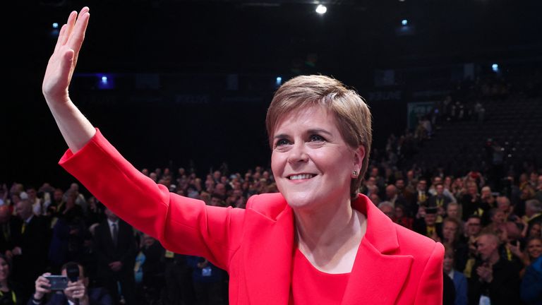 Scotland&#39;s First Minister and Scottish National Party (SNP) Leader Nicola Sturgeon waves during the Scottish National Party (SNP) Annual National Conference in Aberdeen, Scotland, Britain October 10, 2022. REUTERS/Russell Cheyne
