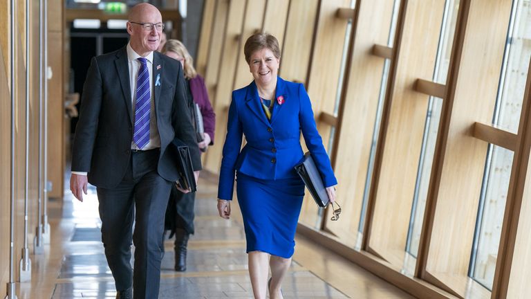 First Minister Nicola Sturgeon and Deputy First Minister John Swinney (left) arrive for First Minster&#39;s Questions (FMQs) in the debating chamber of the Scottish Parliament in Edinburgh. Picture date: Thursday November 3, 2022.