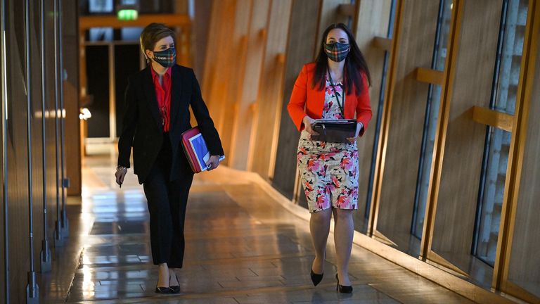 Scotland&#39;s First Minister Nicola Sturgeon (left) and Finance Secretary Kate Forbes arrive to deliver the Scottish Budget to the Scottish Parliament, Edinburgh.