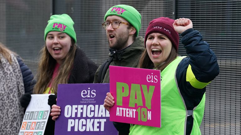 Teachers from the Educational Institute of Scotland (EIS) union on the picket line outside Glendale Primary and Glendale Gaelic School in Glasgow, during their strike action in dispute over pay. Picture date: Wednesday February 22, 2023