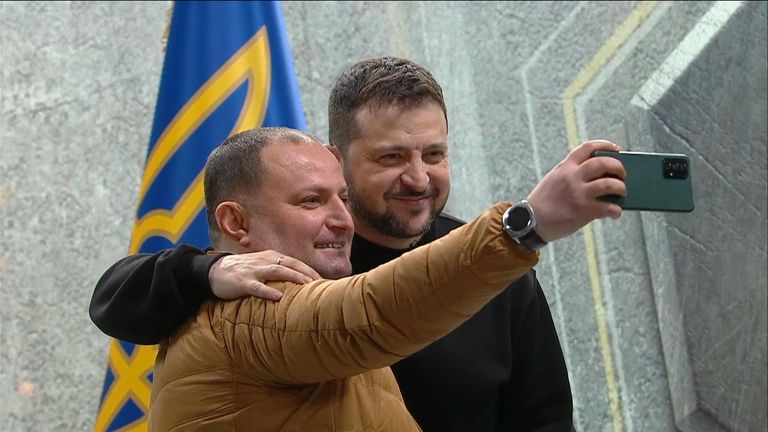 Ukraine&#39;s President Volodymyr Zelenskyy  poses for a selfie