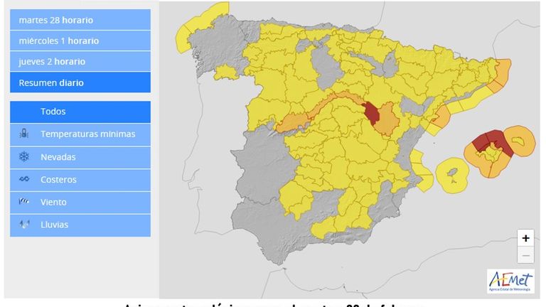 Weather alerts have been issued across Spain by AEMET due to Storm Juliette. Pic: AEMET