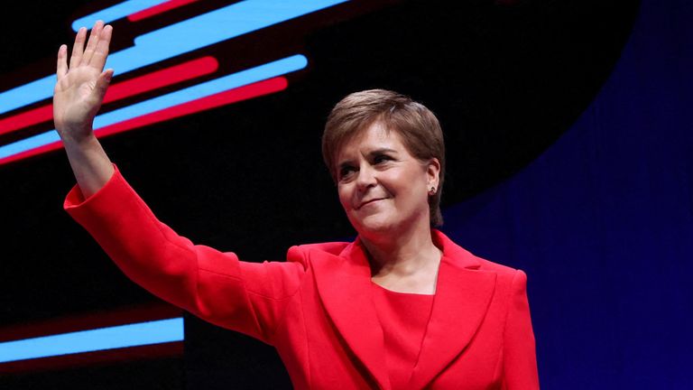 FILE PHOTO: Scotland's First Minister and Scottish National Party (SNP) Leader Nicola Sturgeon waves during the Scottish National Party (SNP) Annual National Conference in Aberdeen, Scotland, Britain October 10, 2022. REUTERS/Russell Cheyne/File Photo