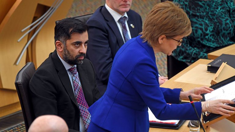 Mr Yousaf and Nicola Sturgeon during FMQs on Thursday