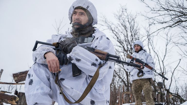 Soldiers of the 79th Air Assault Brigade, take position on a frontline near the town of Marinka, amid Russia&#39;s attack on Ukraine, Donetsk region, Ukraine, February 14, 2023. REUTERS/Marko Djurica