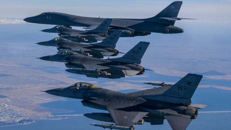 The South Korea Defense Ministry published an image of US and Korean jets over the Korean peninsula on Sunday. Pic: Republic of Korea National Military