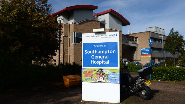 General view of signage for Southampton General Hospital, part of the University of Southampton NHS Foundation Trust
