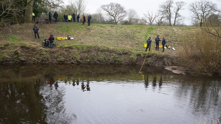 Specialist search teams from Lancashire Police, beside the bench (top left) where Nicola Bulley&#39;s phone was found, on the banks of the River Wyre, in St Michael&#39;s on Wyre, Lancashire, as the search continues for the missing woman who was last seen on the morning of Friday January 27 