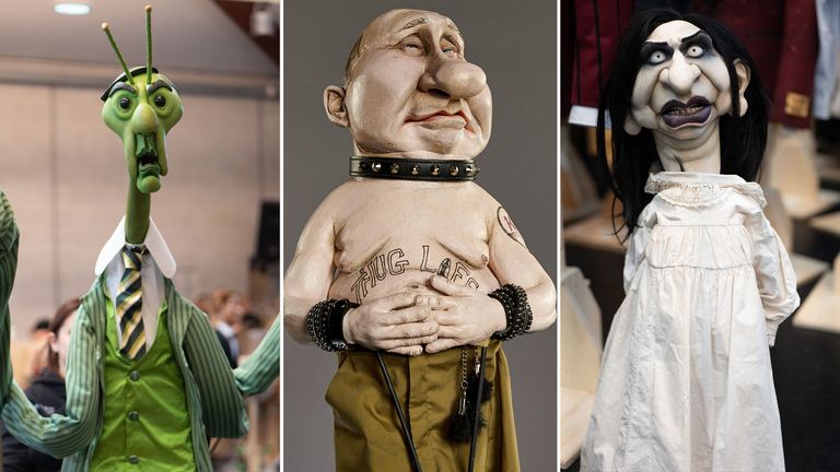Spitting image puppets of Jacob Rees-Mogg, Vladimir Putin  and Suella Braverman. Pic: Avalon/BritBox/Mark Harrison